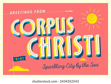 Greetings from Corpus Christi, Texas, USA - Wish you were here! - Touristic Postcard. Vector EPS10.