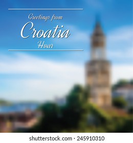Greetings from Croatia postcard with blurry image from Hvar in background