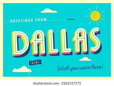 Greetings from Dallas, Texas, USA - The Alamo city - Wish you were here! - Touristic Postcard. Vector EPS10.