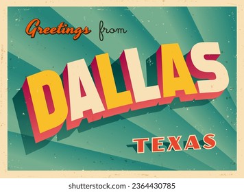 Saludos desde Dallas, Texas, EEUU - ¡Desearía que estuvieras aquí! - Postales Turísticas Vintage. Ilustración vectorial. Los efectos usados se pueden eliminar fácilmente para una tarjeta nueva y limpia.