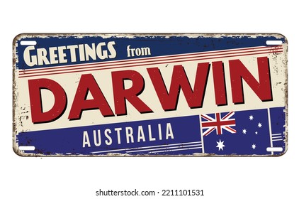 Greetings from Darwin vintage rusty metal plate on a white background, vector illustration