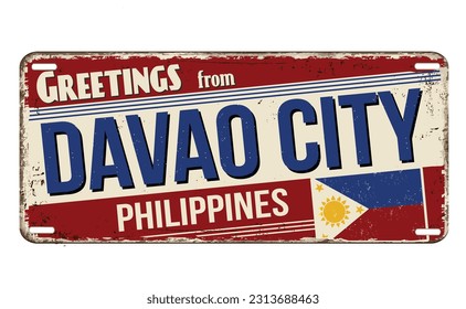 Greetings from Davao City vintage rusty metal sign on a white background, vector illustration