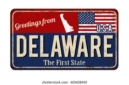 Greetings from Delaware vintage rusty metal sign on a white background, vector illustration