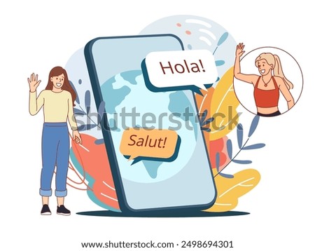 Greetings in different languages. Online translator chat app, girls communicate via mobile phone, multilingual international discussion, huge smartphone and happy people, vector concept