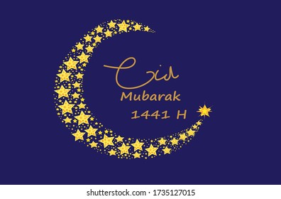 greetings of Eid al-Fitr with a picture of the moon consisting of small stars & blue background