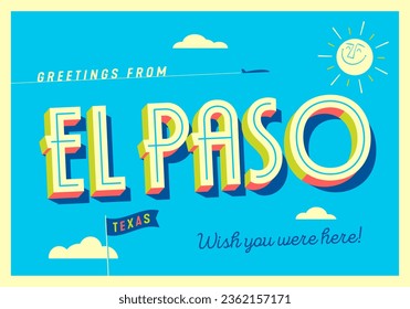 Greetings from El Paso, Texas, USA - The Alamo city - Wish you were here! - Touristic Postcard. Vector EPS10.