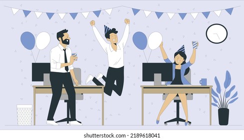 Saludos desde la Ilustración de vectores de empleados. Stormy Expression Joy en el trabajo. Los hombres lanzan a Colleague y lanzan a Candy. Celebrando eventos en el trabajo con amigos. Plano de dibujos horizontales.