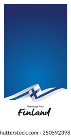 Saludos desde Finlandia. Plantilla Editable para Historias y Carretes. Cubierta de la Plantilla de los medios sociales con la cinta de la bandera de Finlandia y marco editable