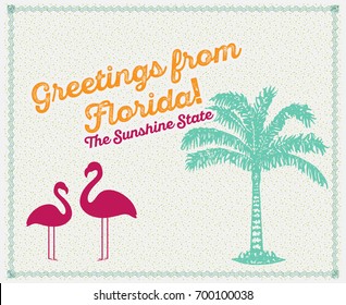 Greetings From Florida Card Poster Sunshine State Palm Tree Flamingo