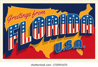 Greetings From Florida USA. Retro Style Postcard With Patriotic Stars And Stripes Lettering And United States Map In The Background. Vector Illustration.