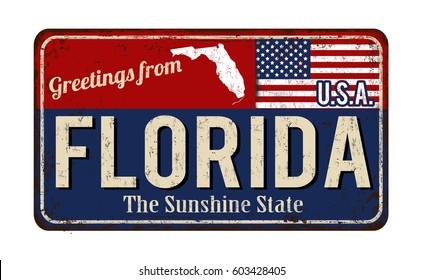 Greetings from Florida vintage rusty metal sign on a white background, vector illustration