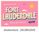 Greetings from Fort Lauderdale, Florida, USA - Venice of America - Touristic Postcard. Vector Illustration.	