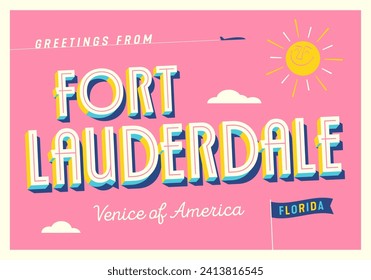 Greetings from Fort Lauderdale, Florida, USA - Venice of America - Touristic Postcard. Vector Illustration.	