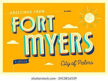 Greetings from Fort Myers, Florida, USA - City of Palms - Touristic Postcard. Vector Illustration.	