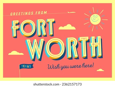 Greetings from Fort Worth, Texas, USA - The Alamo city - Wish you were here! - Touristic Postcard. Vector EPS10.