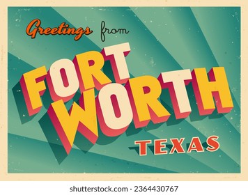 Greetings from Fort Worth, Texas, USA - Wish you were here! - Vintage Touristic Postcard. Vector Illustration. Used effects can be easily removed for a brand new, clean card.