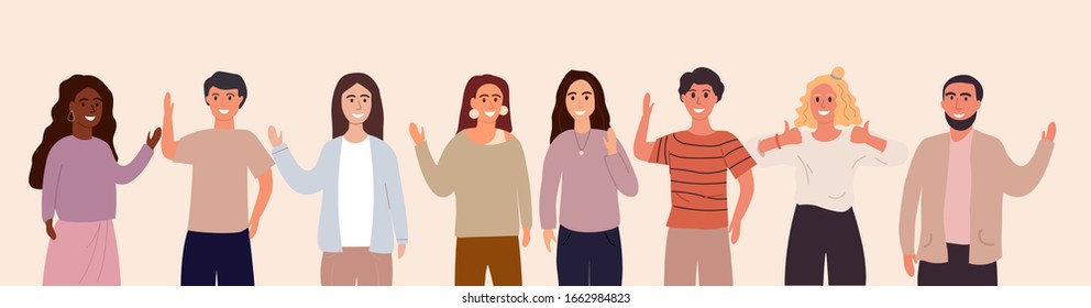 Greetings from friendly people from all over the world. Foreign language, women men greet each other. Flat Vector Illustration Banner