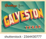 Greetings from Galveston, Texas, USA - Wish you were here! - Vintage Touristic Postcard. Vector Illustration. Used effects can be easily removed for a brand new, clean card.