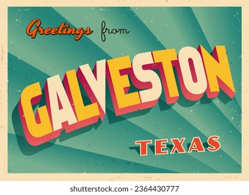 Greetings from Galveston, Texas, USA - Wish you were here! - Vintage Touristic Postcard. Vector Illustration. Used effects can be easily removed for a brand new, clean card.