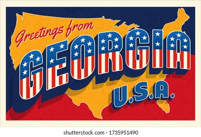 Greetings from Georgia USA. Retro style postcard with patriotic stars and stripes lettering and United States map in the background. Vector illustration.