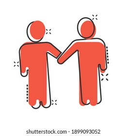 Greetings gesture icon in comic style. People handshake cartoon vector illustration on white isolated background. Hand shake splash effect business concept.