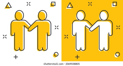 Greetings gesture icon in comic style. People handshake cartoon vector illustration on white isolated background. Hand shake splash effect business concept.