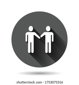 Greetings gesture icon in flat style. People handshake vector illustration on black round background with long shadow effect. Hand shake circle button business concept.