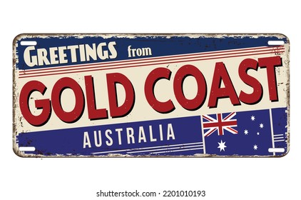 Greetings from Gold Coast vintage rusty metal plate on a white background, vector illustration