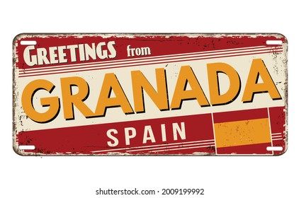 Greetings from Granada vintage rusty metal plate on a white background, vector illustration