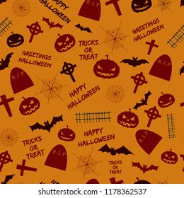 Greetings halloween seamless pattern abstract design with holiday symbols and text tricks or treat on orange background flat vector illustration
