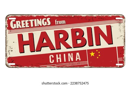 Greetings from Harbin vintage rusty metal plate on a white background, vector illustration