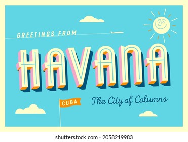 Greetings from Havana, Cuba - The City of Columns - Touristic Postcard - EPS 10.