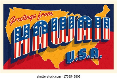 Greetings from Hawaii USA. Retro postcard with patriotic stars and stripes lettering and United States map in the background. Vector illustration.