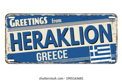 Greetings from Heraklion vintage rusty metal plate on a white background, vector illustration