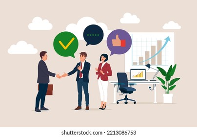 Greetings to hired employee and duties explanation for better staff integration. Employee onboarding process and welcoming to new job person. Flat vector illustration