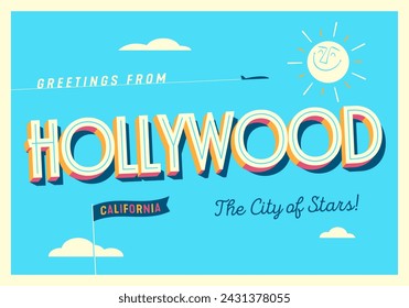 Greetings from Hollywood, California, USA - The city of stars! - Touristic Postcard. Vector EPS10.