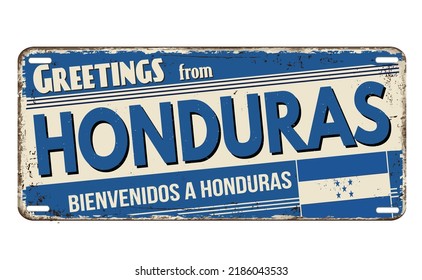 Greetings from Honduras vintage rusty metal plate on a white background, vector illustration