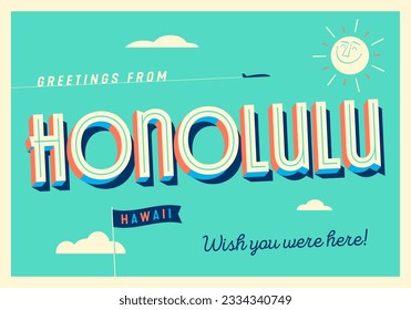 Grüße von Honolulu, Hawaii, USA - Aloha - wünscht, dass Sie hier sind! - touristische Postkarte.