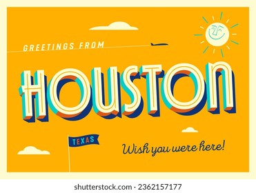 Greetings from Houston, Texas, USA - The Alamo city - Wish you were here! - Touristic Postcard. Vector EPS10.