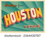 Greetings from Houston, Texas, USA - Wish you were here! - Vintage Touristic Postcard. Vector Illustration. Used effects can be easily removed for a brand new, clean card.