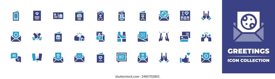 Greetings icon collection. Duotone color. Vector illustration. Containing greetingcard, greeting, hug, christmas, fistbump, birthdaycard, loveletter, card, newyearcard.