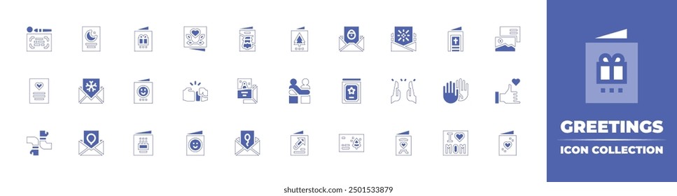 Greetings icon collection. Duotone style line stroke and bold. Vector illustration. Containing greetingcard, postcard, highfive, hug, christmascard, fistbump, partycard, card, islam, newyearcard.