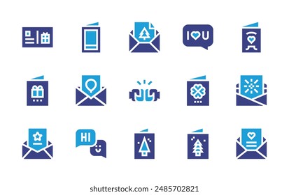 Greetings icon set. Duotone color. Vector illustration. Containing hi, greetingcard, christmas, iloveyou, postcard, birthdaycard, friendship, christmascard.