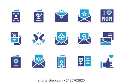 Greetings icon set. Duotone color. Vector illustration. Containing greetingcard, loveletter, elbow, invitation, birthdayinvitation, party, birthdaycard, card.