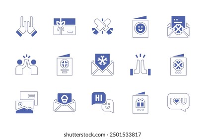 Greetings icon set. Duotone style line stroke and bold. Vector illustration. Containing hi, highfive, greetingcard, greeting, party, christmascard, iloveyou, invitationletter.