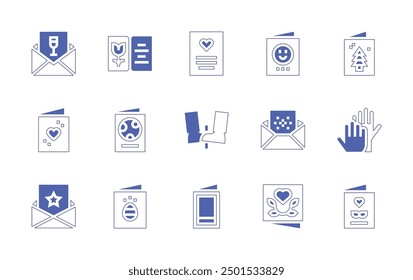 Greetings icon set. Duotone style line stroke and bold. Vector illustration. Containing greetingcard, greeting, postcard, highfive, newyearcard, invitation, christmascard, card.