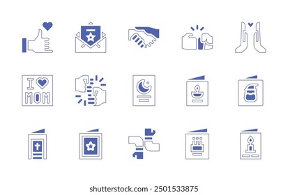 Greetings icon set. Duotone style line stroke and bold. Vector illustration. Containing invitation, greetingcard, greeting, handgesture, friendship, fistbump, friends, islam, ilovemom.