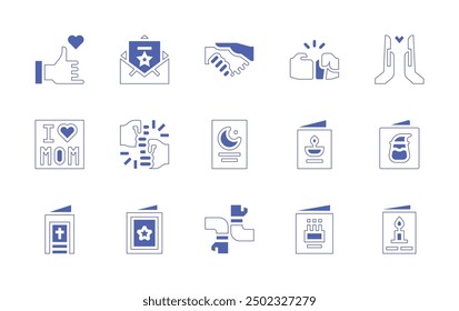 Greetings icon set. Duotone style line stroke and bold. Vector illustration. Containing invitation, greetingcard, greeting, handgesture, friendship, fistbump, friends, islam, ilovemom.