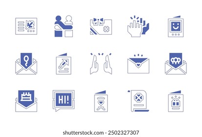 Greetings icon set. Duotone style line stroke and bold. Vector illustration. Containing loveletter, greetingcard, highfive, hug, birthdaycard, christmascard, postcard.