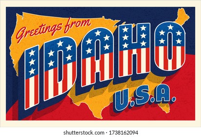 Greetings from Idaho USA. Retro postcard with patriotic stars and stripes lettering and United States map in the background. Vector illustration.